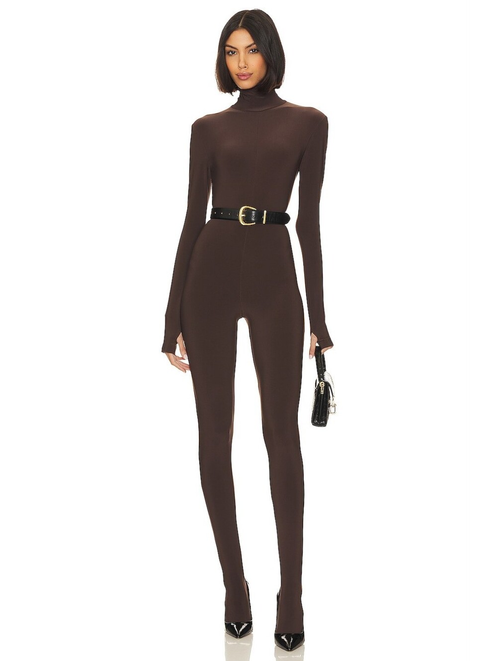 NWT $200 NORMA KAMALI Slim Fit Turtle Catsuit With Footsie in Chocolate Small